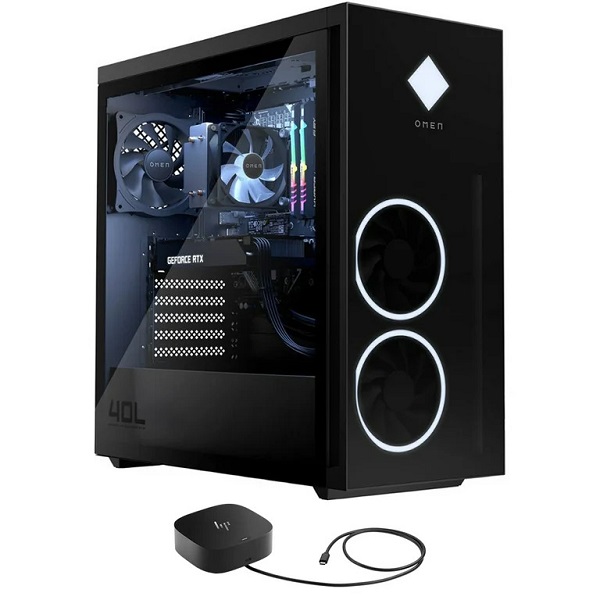 HP OMEN 40L Gaming Tower with Ryzen 7 5700G 3.8GHz CPU, 16GB RAM, 256GB NVMe SSD + 1TB HDD, GTX 1650 4GB graphics, and 800W PSU