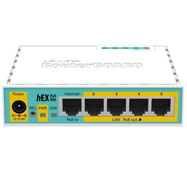 MikroTik RB750UPr2 hEX PoE Lite – Compact router with 5× Ethernet ports, PoE-out on ports 2–5, USB 2.0, and RouterOS Level 4 for small networks