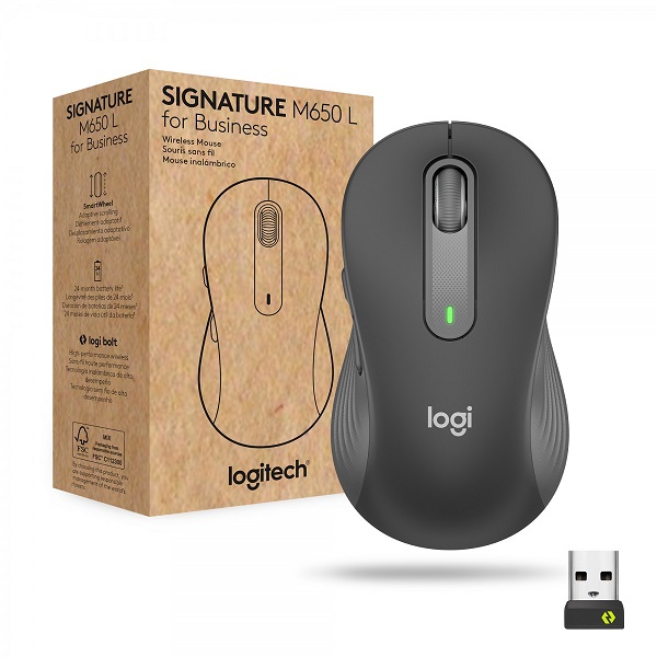 Logitech Signature M650 is a wireless Bluetooth/USB mouse with SmartWheel scrolling, silent clicks, and long battery life.