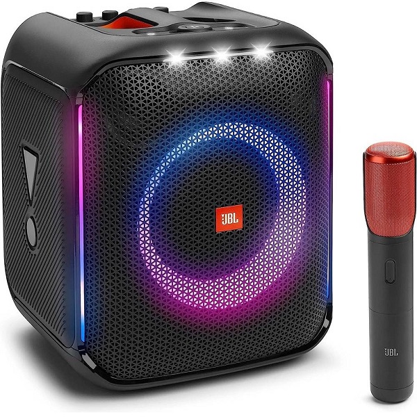 JBL PartyBox Encore Essential delivers powerful 100 W JBL Original Pro Sound, a dynamic light show, up to 6 hours of battery life, IPX4 splash‑proof durability, Bluetooth streaming, and a wired mic input for parties.