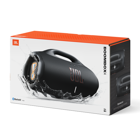 JBL Boombox 4 delivers massive JBL Pro Sound with AI Sound Boost, up to ~34 hours of playtime, IP68 waterproof and dustproof durability, Bluetooth 5.4 with Auracast multi‑speaker pairing, and a built‑in powerbank in a portable boombox design.