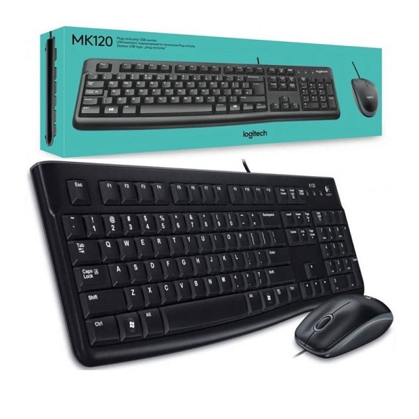 Logitech MK120 is a reliable wired keyboard and mouse combo featuring a full-size, spill-resistant keyboard and a comfortable optical mouse—ideal for everyday office and home use.