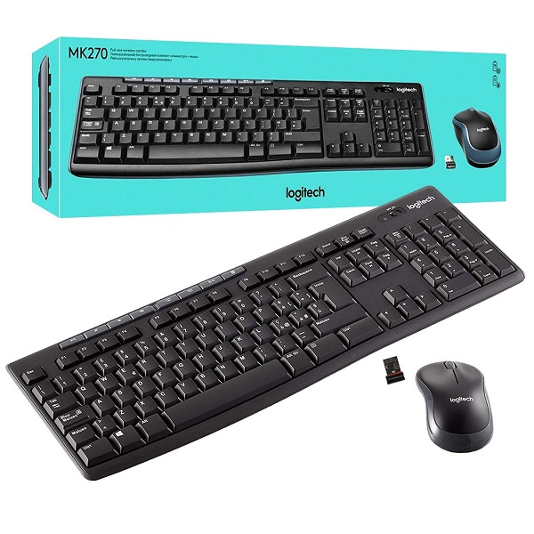 Logitech MK270 is a popular wireless combo with a full‑size keyboard, number pad, media keys, and a compact mouse, all connecting via a single 2.4 GHz USB receiver for reliable, cable‑free everyday use.