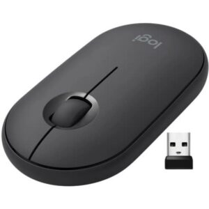 Logitech M350s Pebble is a slim Bluetooth/Wireless mouse with silent clicks, smooth tracking, and long battery life in a pebble-shaped design.