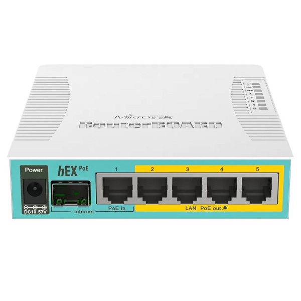 MikroTik hEX PoE RB960PGS – Gigabit router with 5 Ethernet ports, PoE-out on ports 2–5, SFP port, and RouterOS for powering and managing network devices.